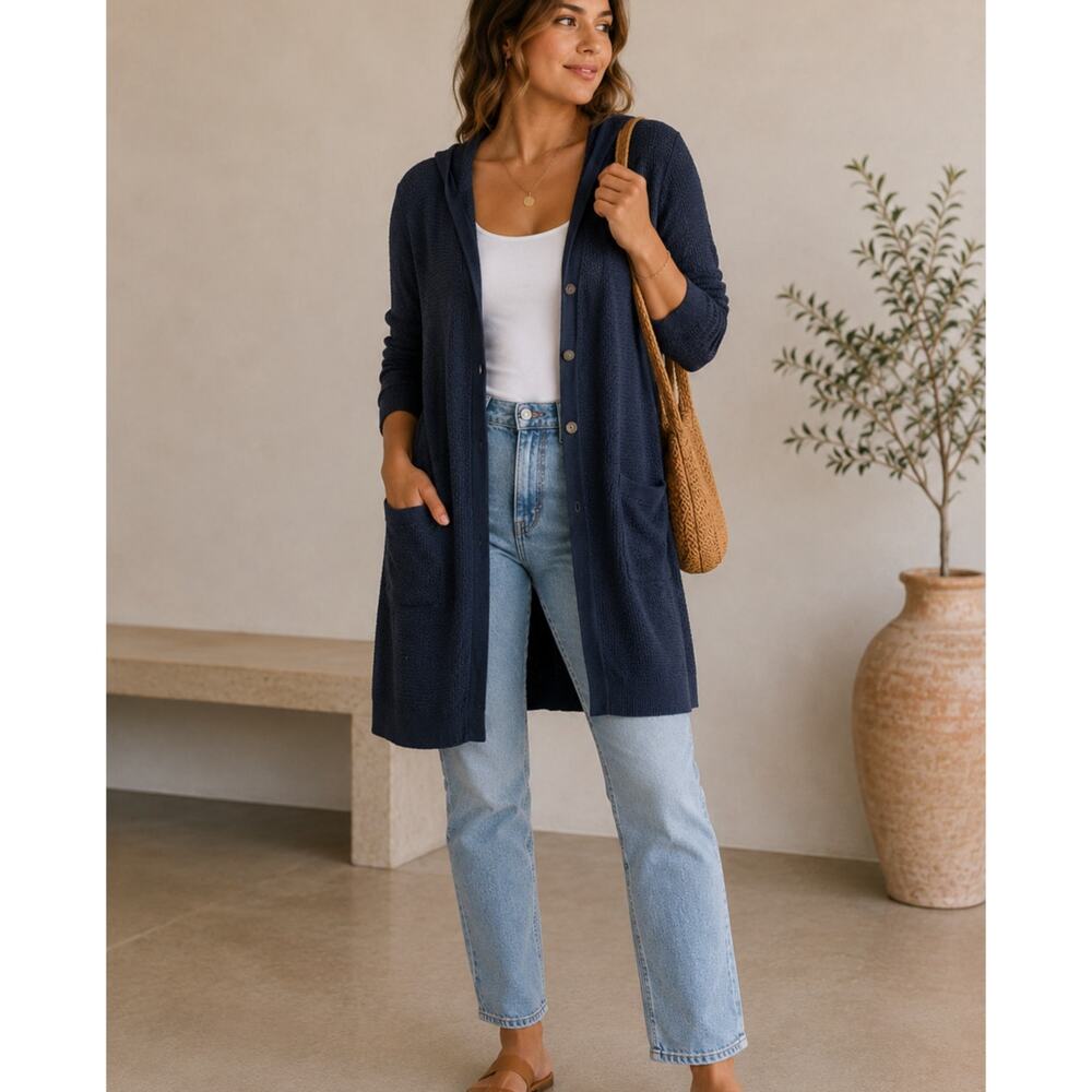 Title Nine Grey Blue Knit Cardigan Sweater Womens S Duster Hooded Boho Beachy